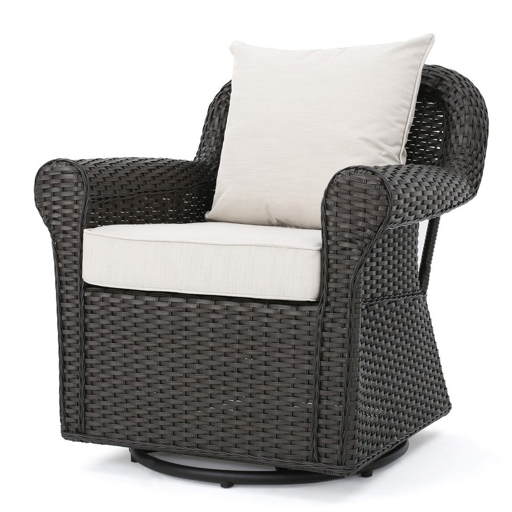 Calista Outdoor Swivel Rocker Chair, Beige Fabric, Dark Brown Wicker