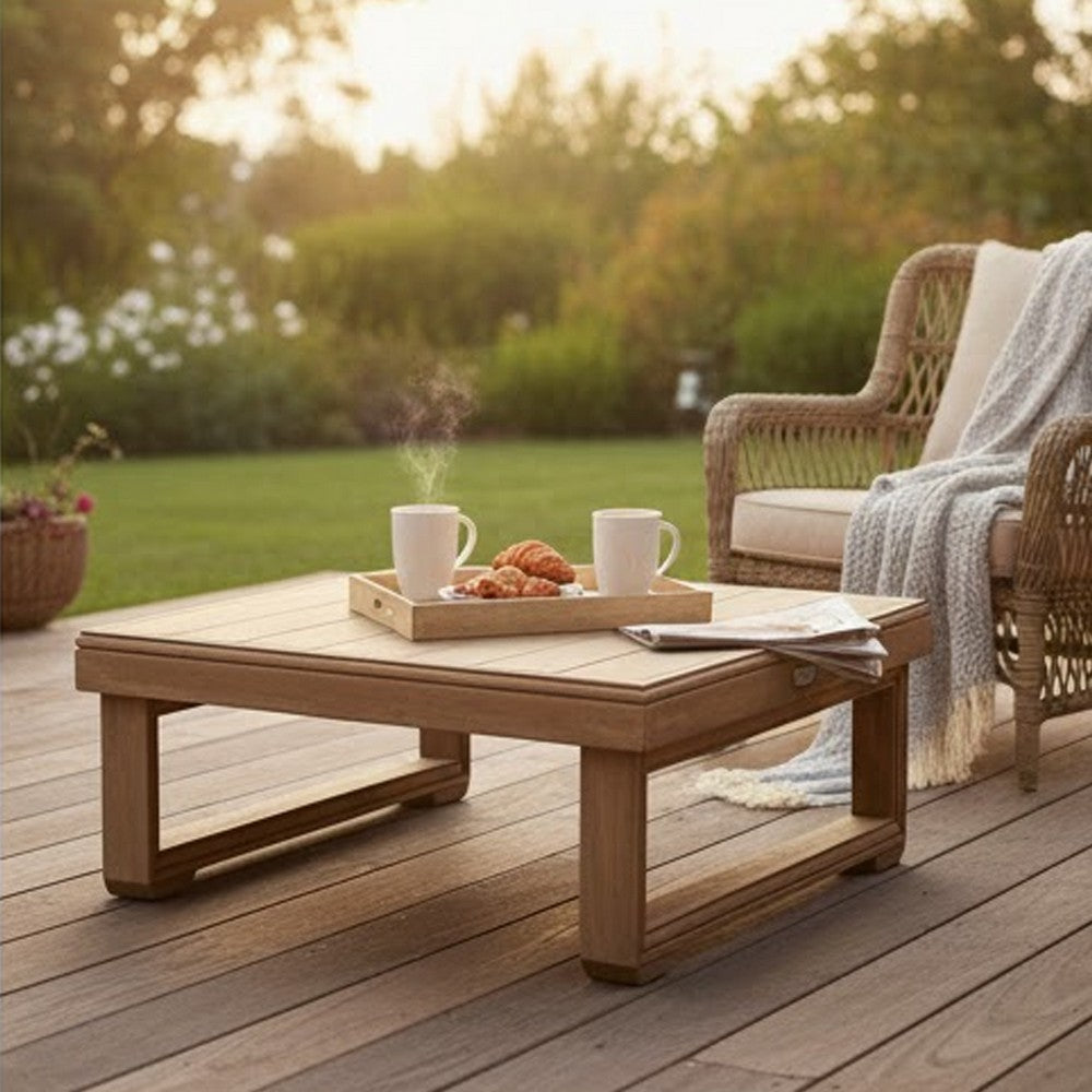 Chelsie Outdoor Coffee Table, Slatted Top, Brown Wood, Square 28"