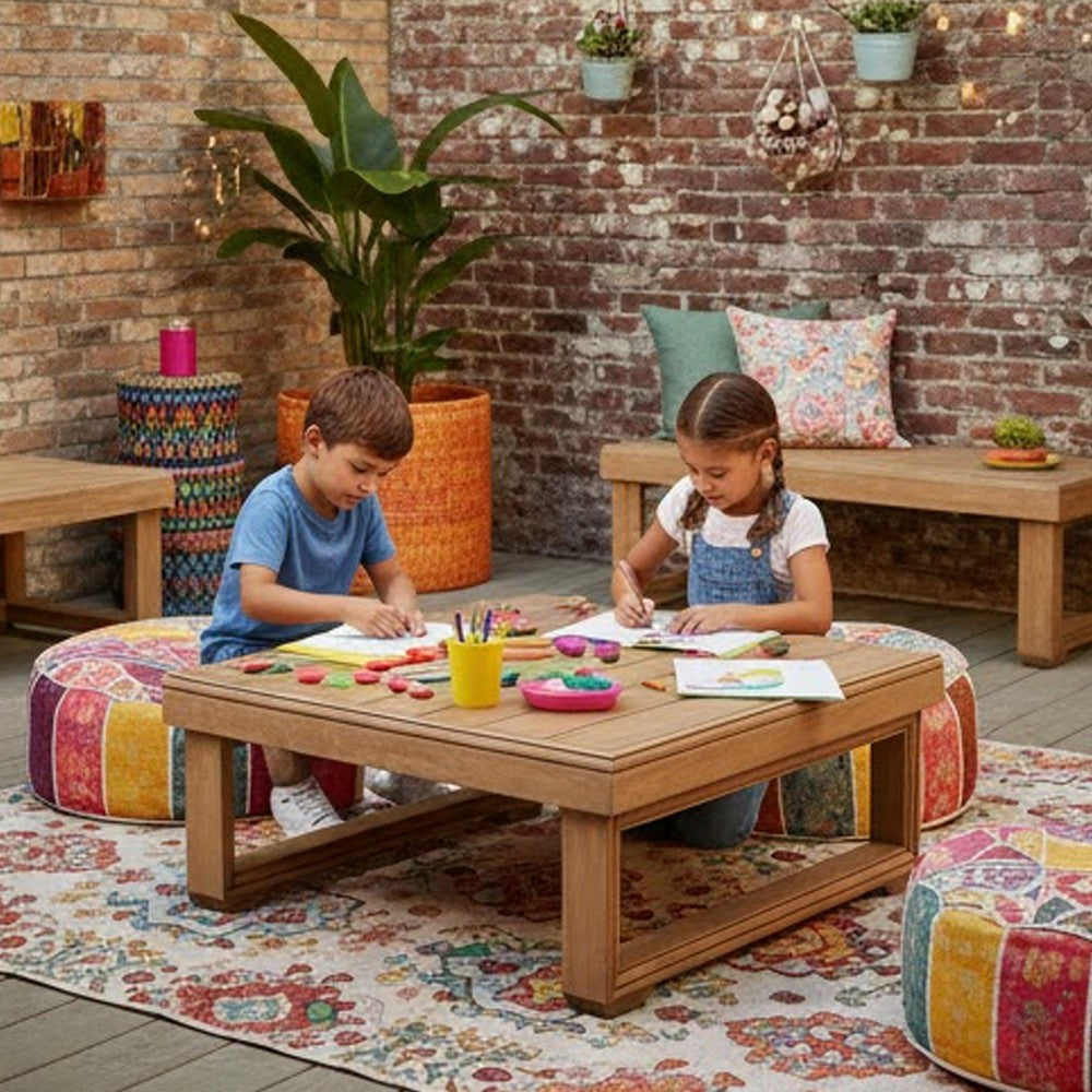 Chelsie Outdoor Coffee Table, Slatted Top, Brown Wood, Square 28"