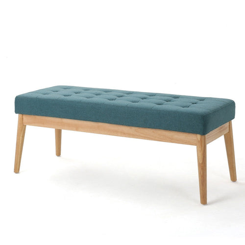 Gisa Ottoman Bench, Teal Blue Fabric Tufted Seat, 44" Brown Wood Frame