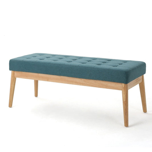 Gisa Ottoman Bench, Teal Blue Fabric Tufted Seat, 44" Brown Wood Frame