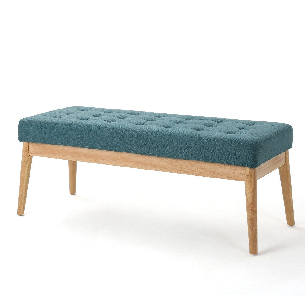 Gisa Ottoman Bench, Teal Blue Fabric Tufted Seat, 44" Brown Wood Frame