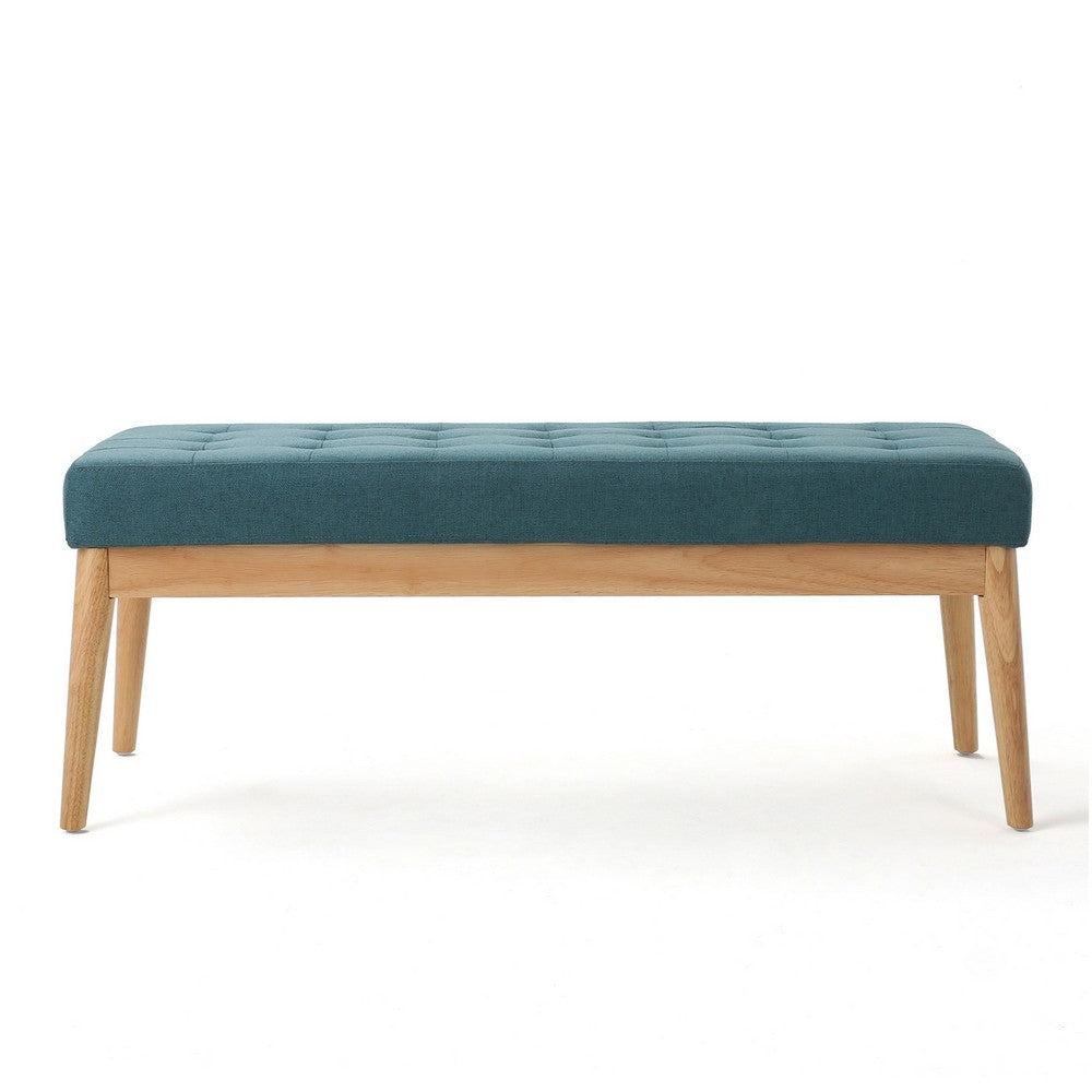 Gisa Ottoman Bench, Teal Blue Fabric Tufted Seat, 44" Brown Wood Frame