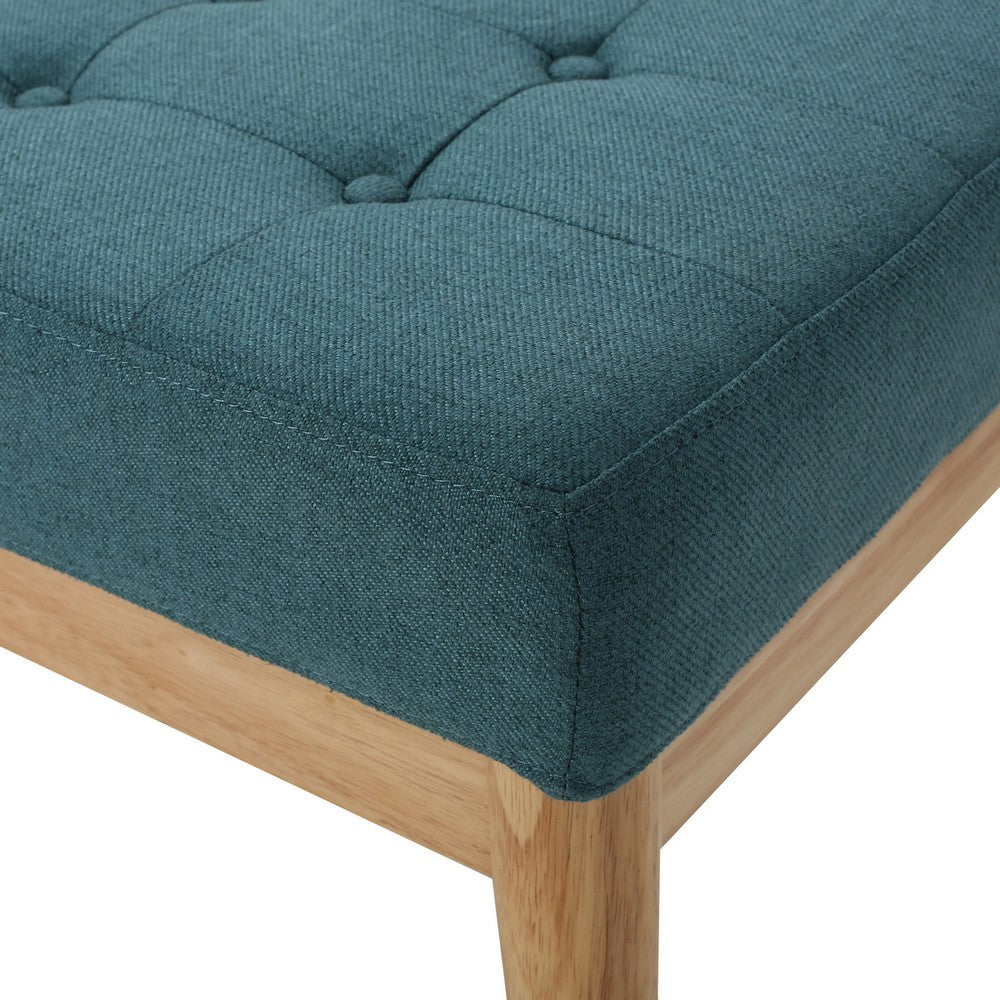 Gisa Ottoman Bench, Teal Blue Fabric Tufted Seat, 44" Brown Wood Frame