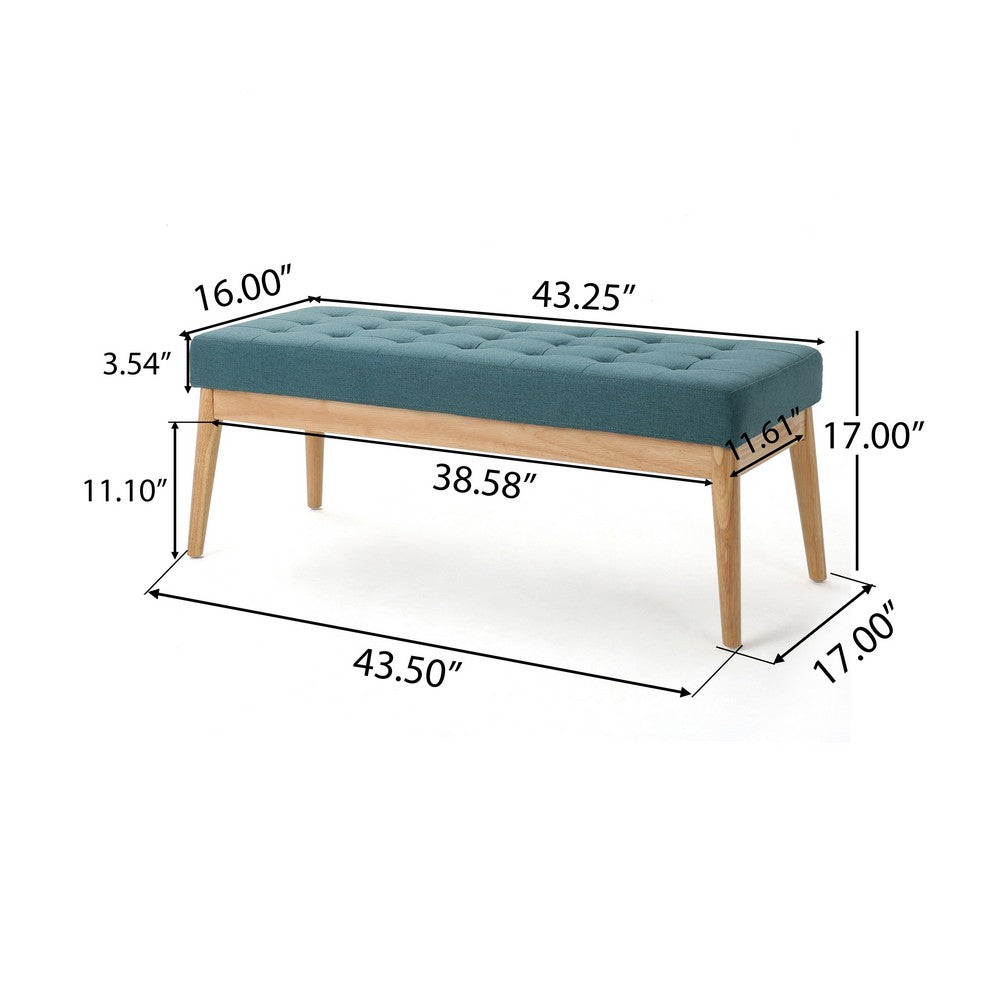 Gisa Ottoman Bench, Teal Blue Fabric Tufted Seat, 44" Brown Wood Frame