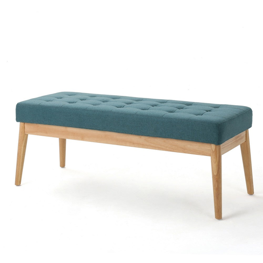 Gisa Ottoman Bench, Teal Blue Fabric Tufted Seat, 44" Brown Wood Frame
