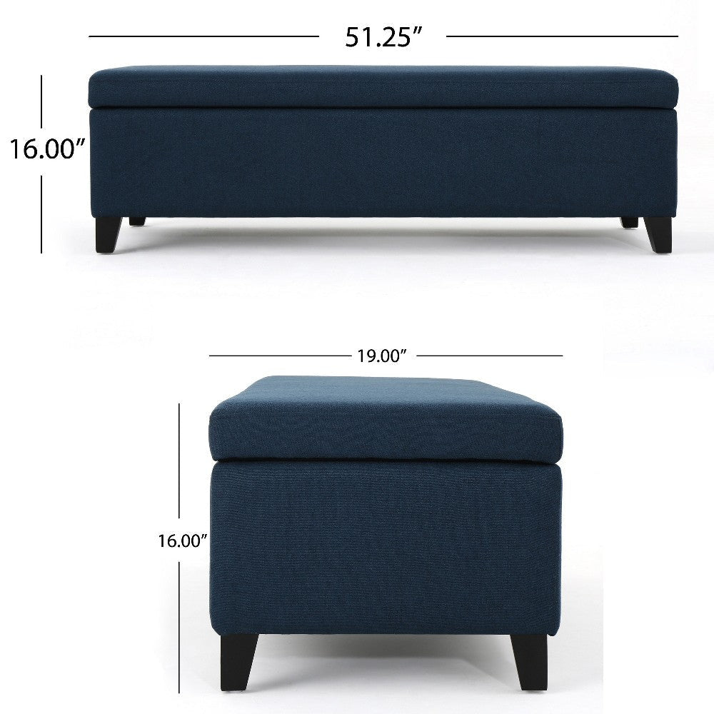 Harry Storage Ottoman Bench Navy Blue Fabric 51’’ Solid Birch Wood BM325013