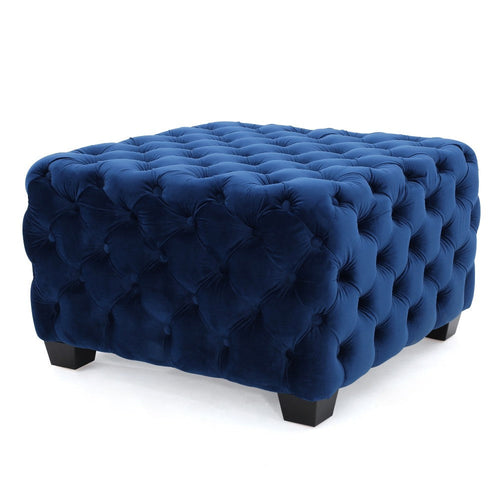 Ottoman, Modern Button Tufted, Dark Navy Blue Velvet, 29" Square Shape