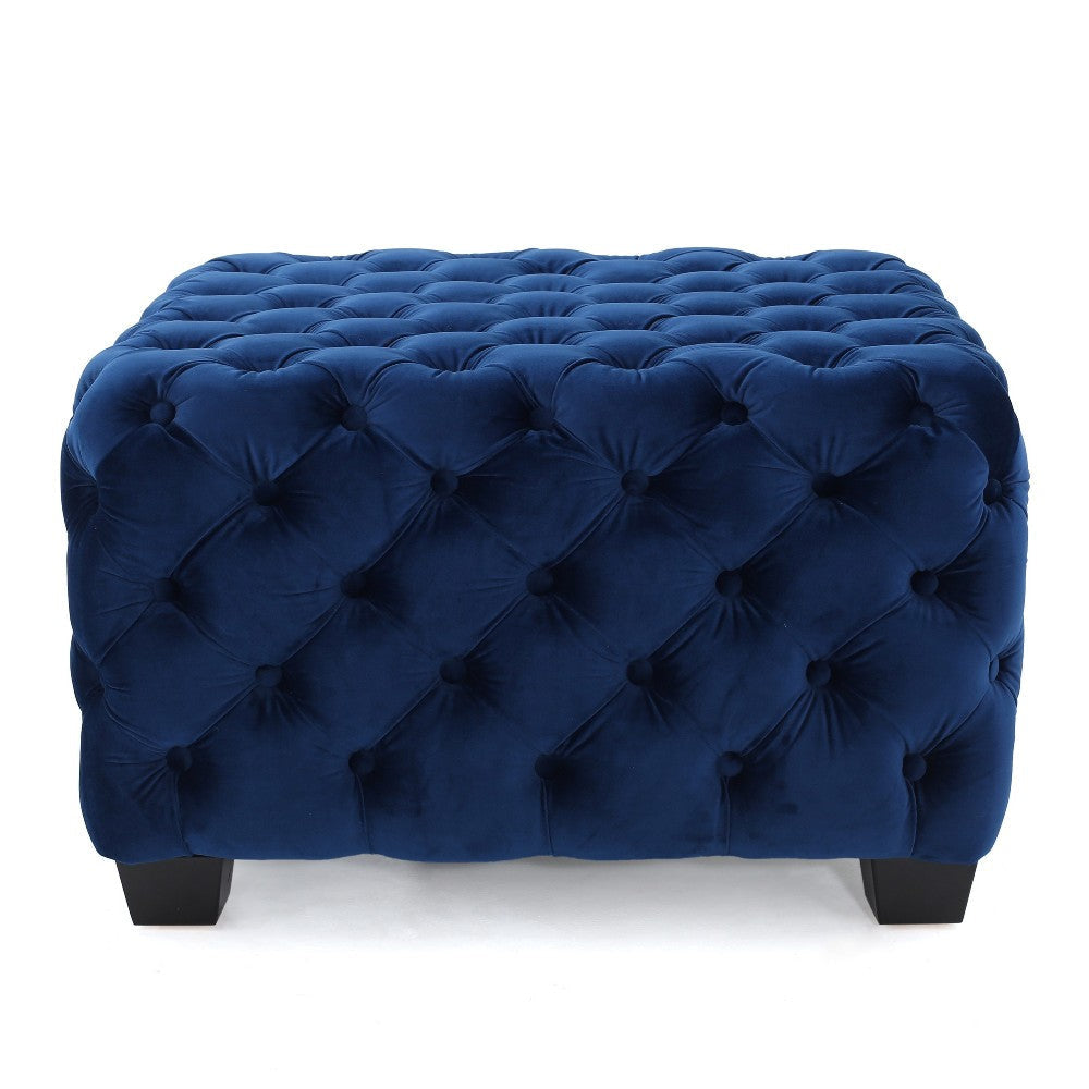 Ottoman Modern Button Tufted Dark Navy Blue Velvet 29’’ Square Shape BM325016