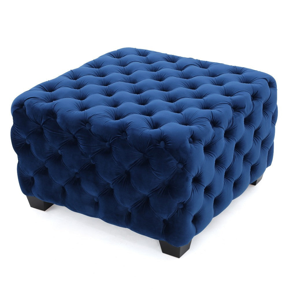 Ottoman Modern Button Tufted Dark Navy Blue Velvet 29’’ Square Shape BM325016