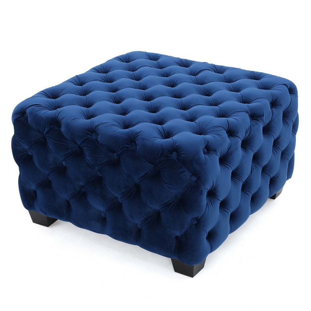 Ottoman, Modern Button Tufted, Dark Navy Blue Velvet, 29" Square Shape