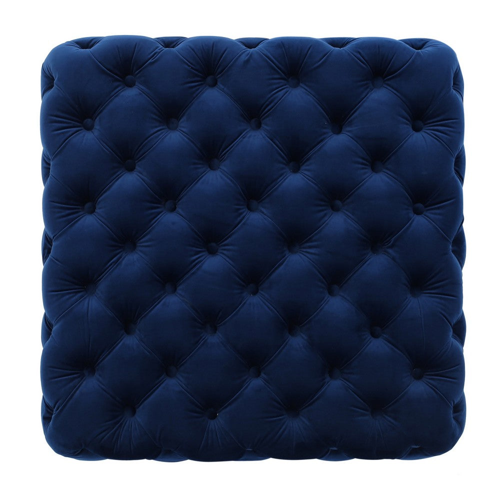 Ottoman, Modern Button Tufted, Dark Navy Blue Velvet, 29" Square Shape