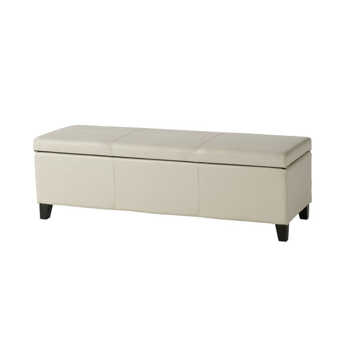Elias Storage Ottoman Bench, Detailed Ivory Faux Leather, 51" Wood