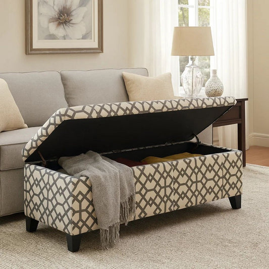 Flash Storage Ottoman Bench, Light Gray Geometric Print Fabric 51"