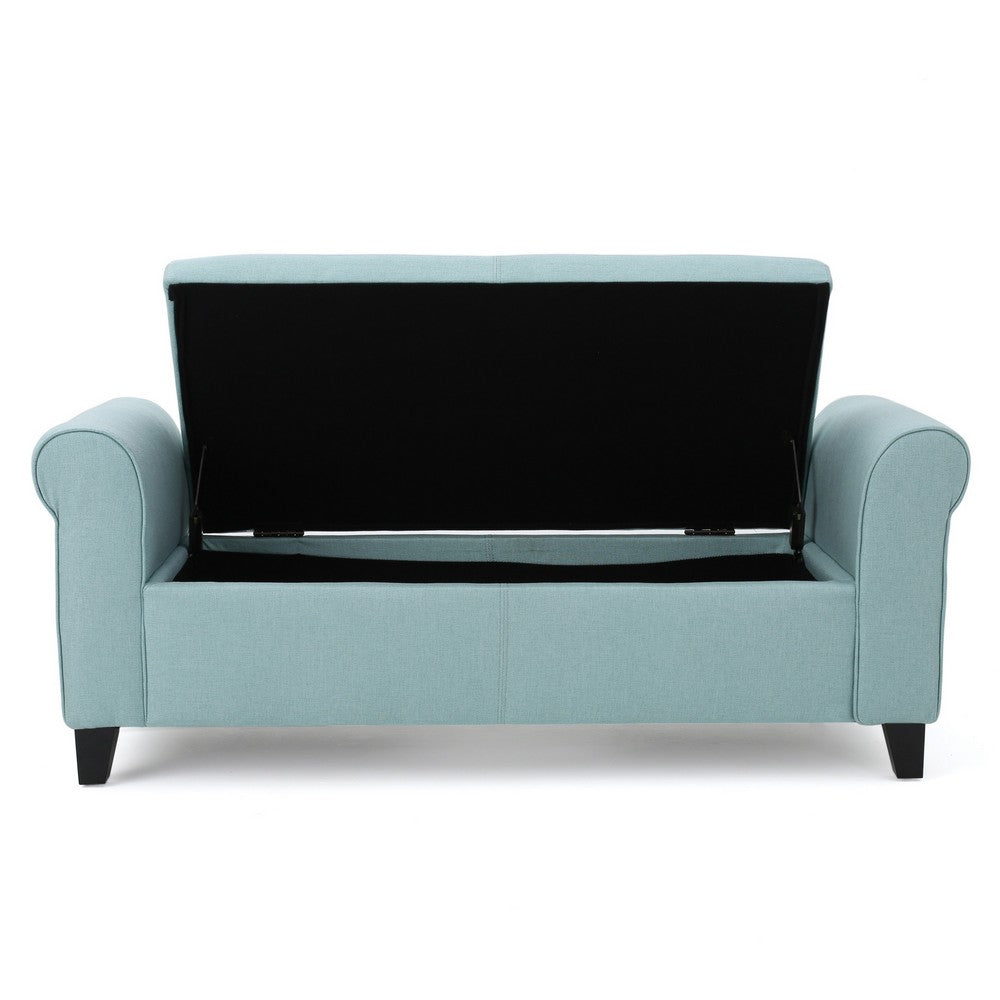 Jacob Storage Ottoman Bench, Rolled Arms, Blue Fabric, Black, 50"