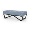 Liba Ottoman Bench, Button Tufted Light Blue Fabric, 47" Black Frame