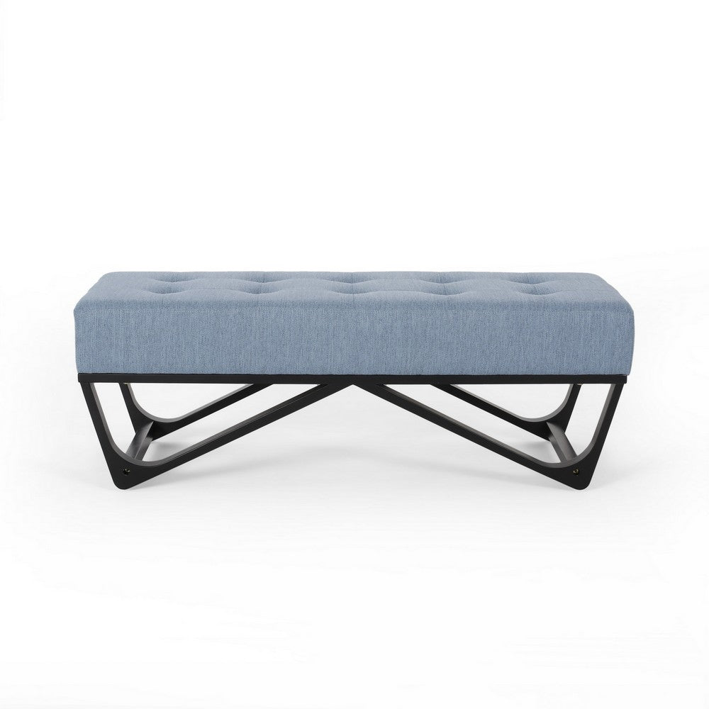 Liba Ottoman Bench, Button Tufted Light Blue Fabric, 47" Black Frame