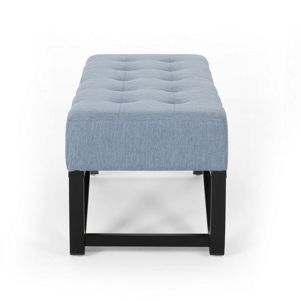 Liba Ottoman Bench, Button Tufted Light Blue Fabric, 47" Black Frame