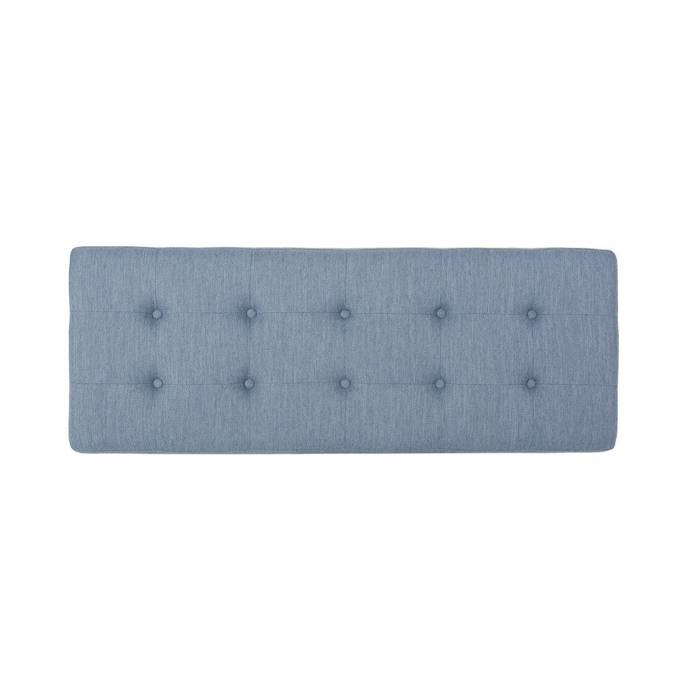 Liba Ottoman Bench, Button Tufted Light Blue Fabric, 47" Black Frame