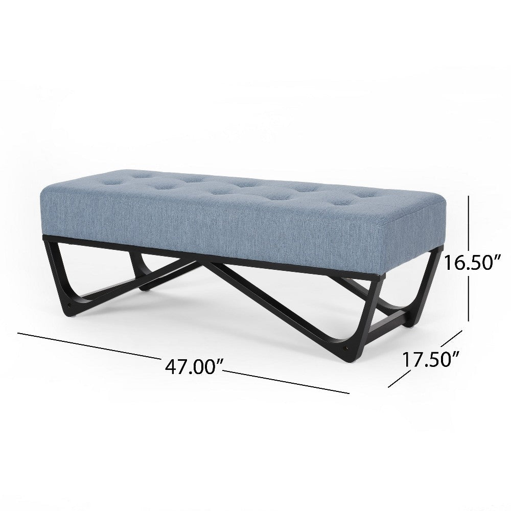 Liba Ottoman Bench Button Tufted Light Blue Fabric 47’’ Black Frame BM325025