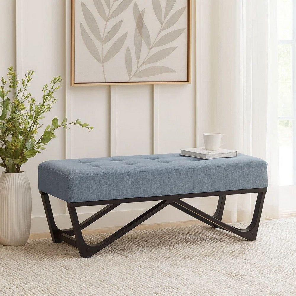 Liba Ottoman Bench, Button Tufted Light Blue Fabric, 47" Black Frame