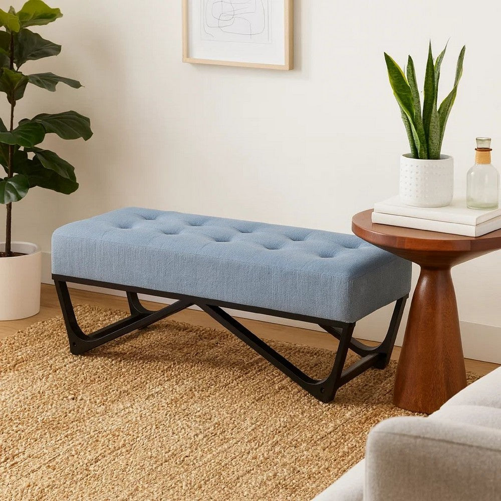 Liba Ottoman Bench, Button Tufted Light Blue Fabric, 47" Black Frame