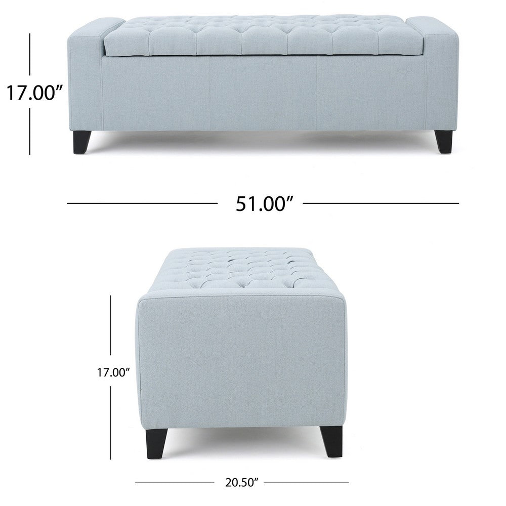 Liani Storage Ottoman Bench, Light Blue Fabric, Tufted Top, 51" Wood