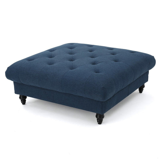 Capri Ottoman, Tufted Navy Blue Fabric, 41" Birch Wood Square Shape