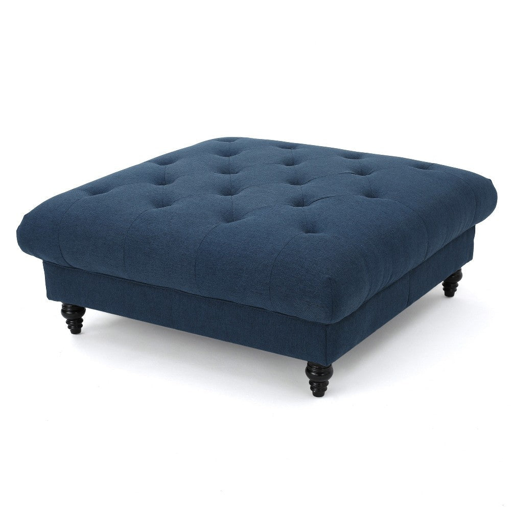 Capri Ottoman, Tufted Navy Blue Fabric, 41" Birch Wood Square Shape