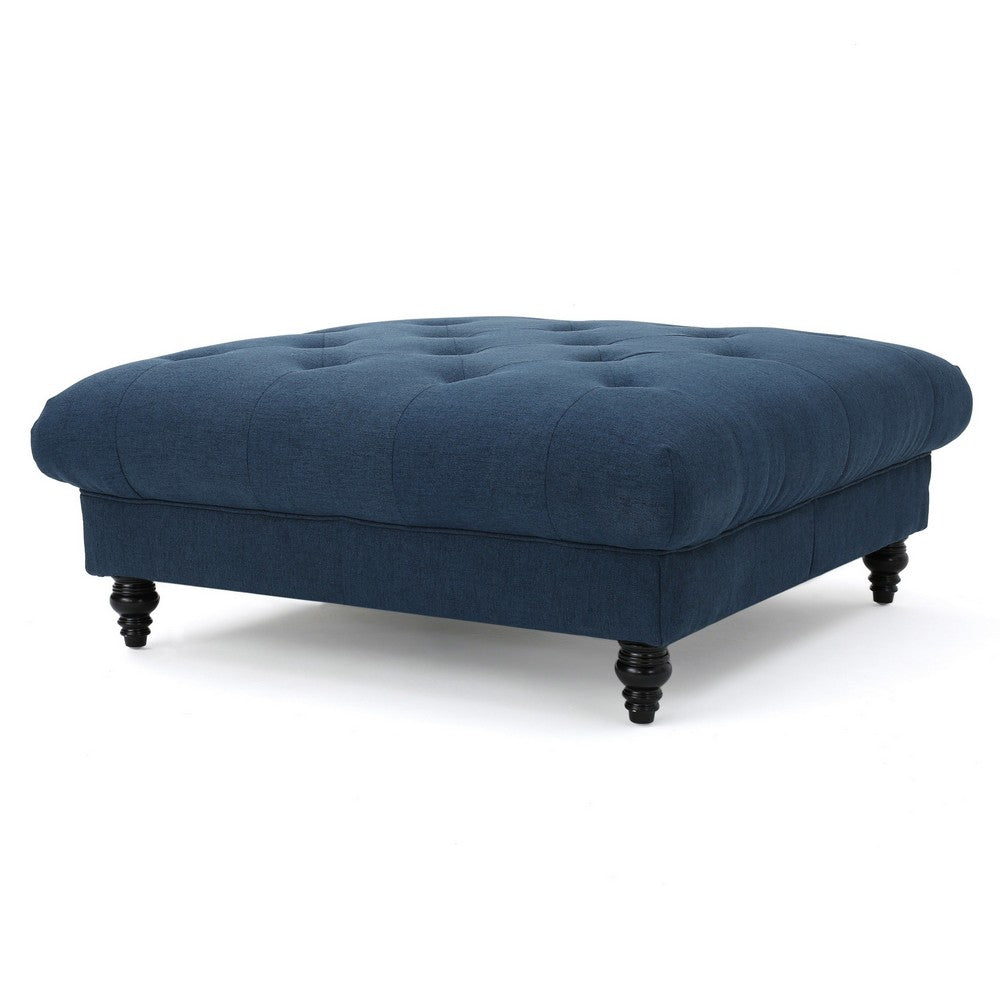 Capri Ottoman, Tufted Navy Blue Fabric, 41" Birch Wood Square Shape