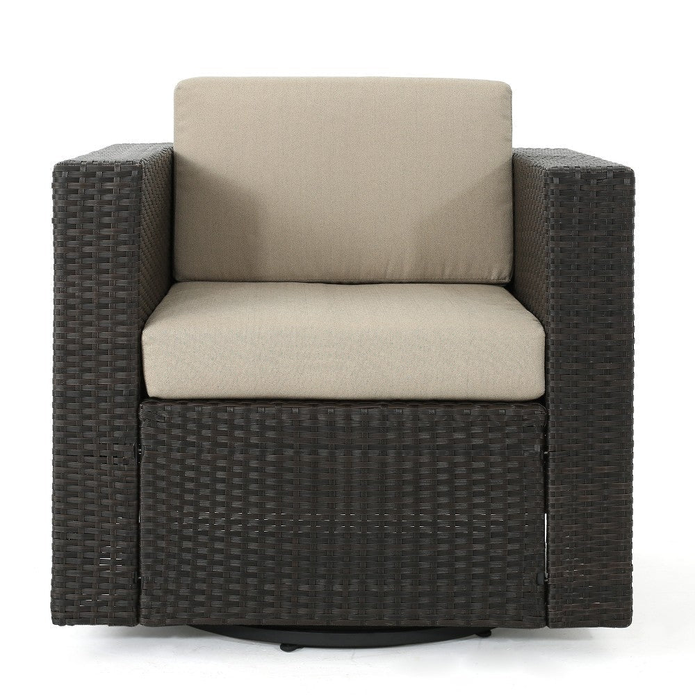 Perie Outdoor Swivel Accent Chair Beige Fabric and Dark Brown Rattan BM325028