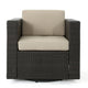 Perie Outdoor Swivel Accent Chair, Beige Fabric and Dark Brown Rattan