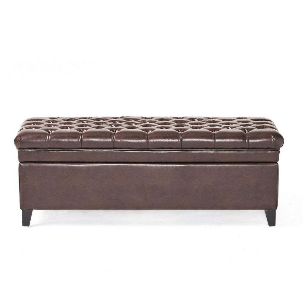 Rhya Storage Ottoman Bench, Brown Faux Leather, 50" Black Wood Frame