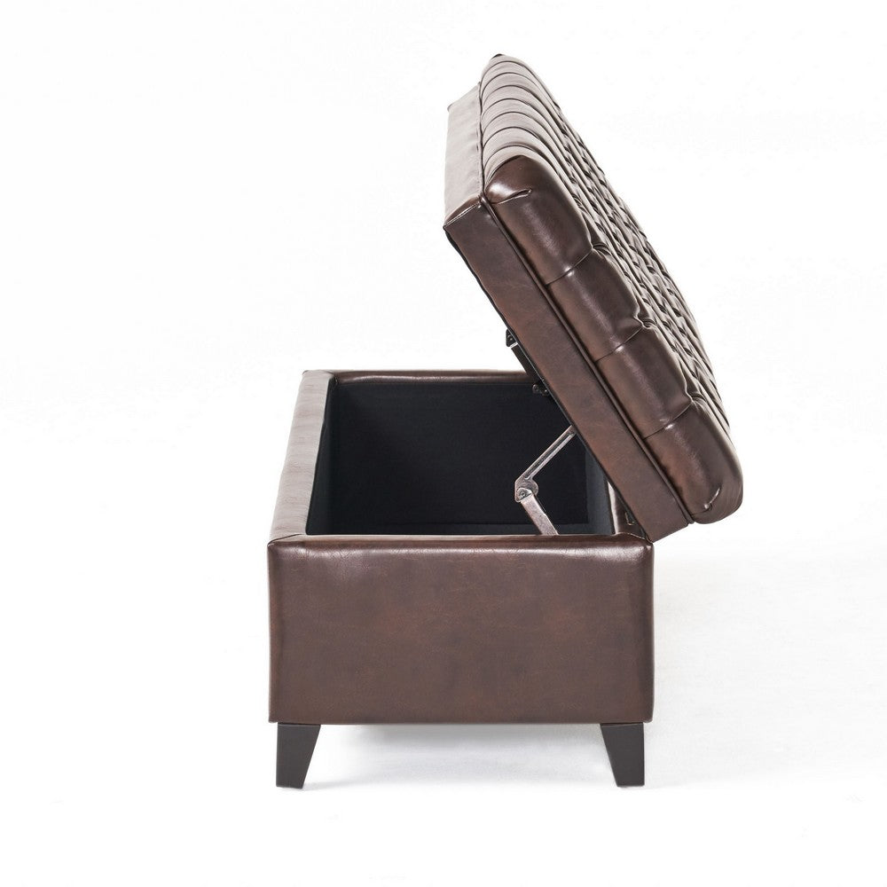 Rhya Storage Ottoman Bench, Brown Faux Leather, 50" Black Wood Frame