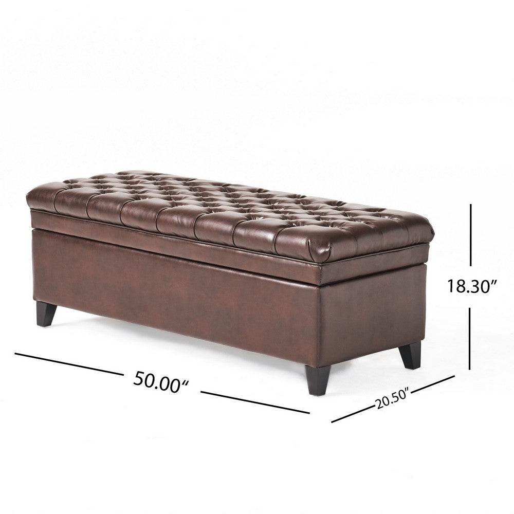 Rhya Storage Ottoman Bench, Brown Faux Leather, 50" Black Wood Frame