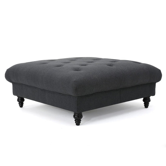 Capri Ottoman, Tufted Dark Gray Fabric, 41" Square Birch Wood Frame