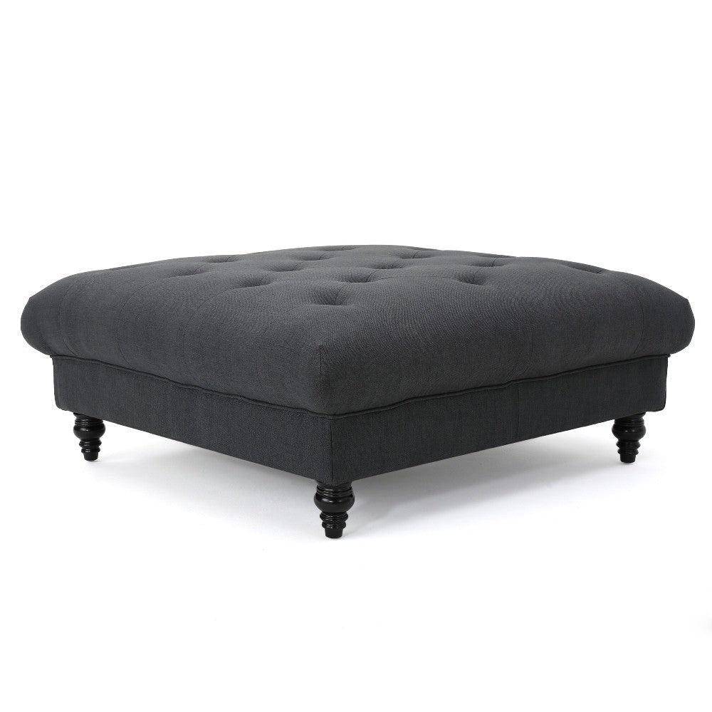 Capri Ottoman, Tufted Dark Gray Fabric, 41" Square Birch Wood Frame