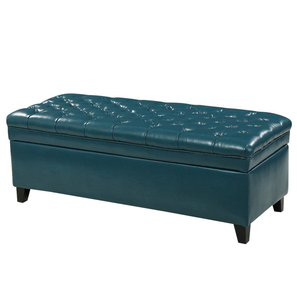 Rhya Storage Ottoman Bench, Teal Blue Faux Leather, Brown Wood 50"