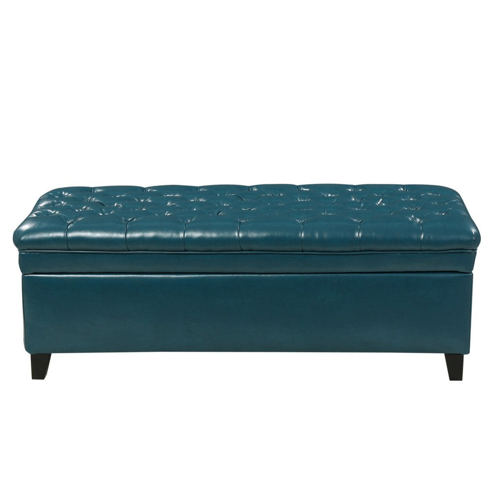 Rhya Storage Ottoman Bench, Teal Blue Faux Leather, Brown Wood 50"