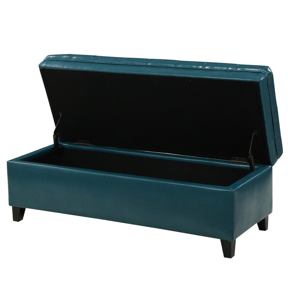 Rhya Storage Ottoman Bench Teal Blue Faux Leather Brown Wood 50’’ BM325034