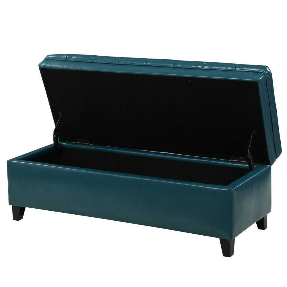 Rhya Storage Ottoman Bench, Teal Blue Faux Leather, Brown Wood 50"