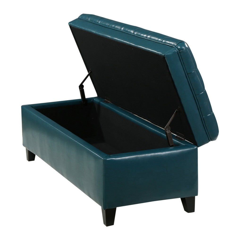 Rhya Storage Ottoman Bench, Teal Blue Faux Leather, Brown Wood 50"