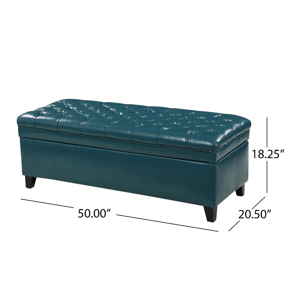 Rhya Storage Ottoman Bench Teal Blue Faux Leather Brown Wood 50’’ BM325034