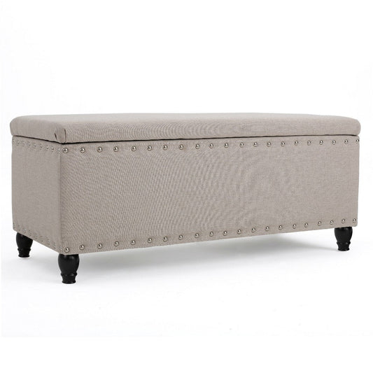 Sharon Storage Ottoman Bench, Beige Fabric, Nailhead Trim, 42" Frame