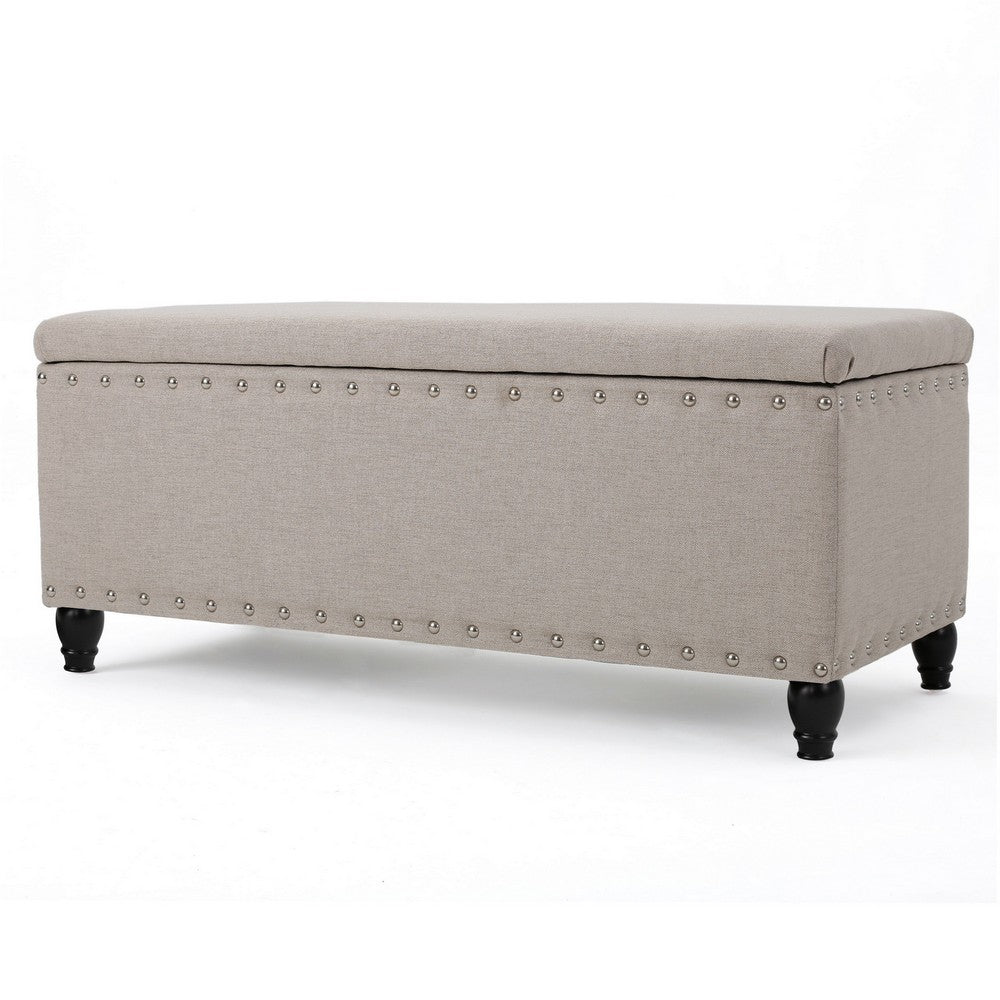 Sharon Storage Ottoman Bench, Beige Fabric, Nailhead Trim, 42" Frame