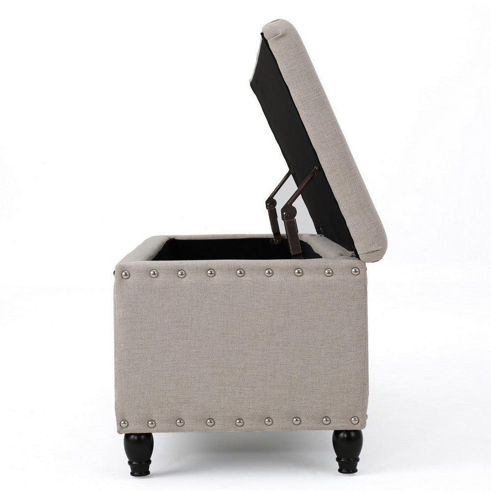 Sharon Storage Ottoman Bench, Beige Fabric, Nailhead Trim, 42" Frame
