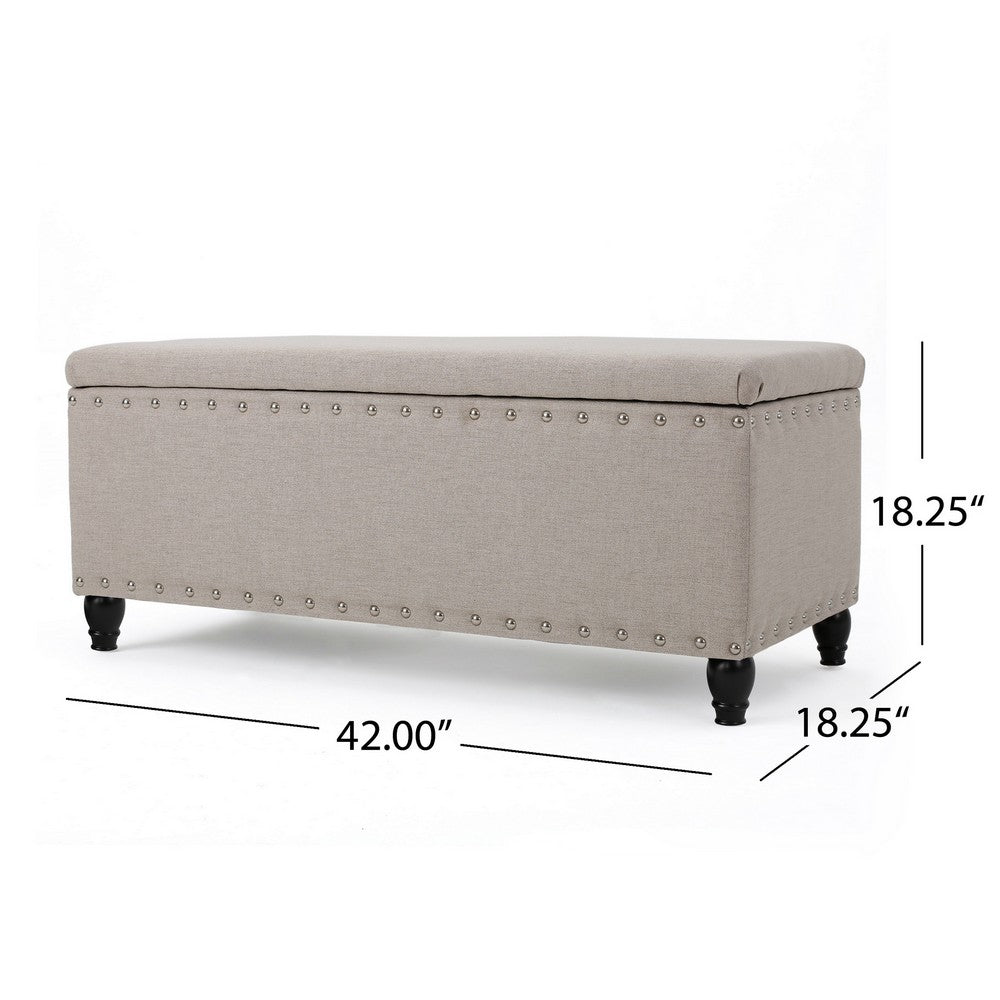 Sharon Storage Ottoman Bench, Beige Fabric, Nailhead Trim, 42" Frame