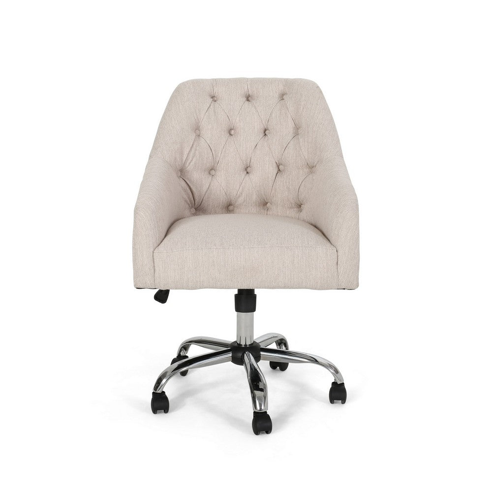 Nysa Swivel Office Chair, Rolling, Tufted Beige Fabric, Chrome Steel