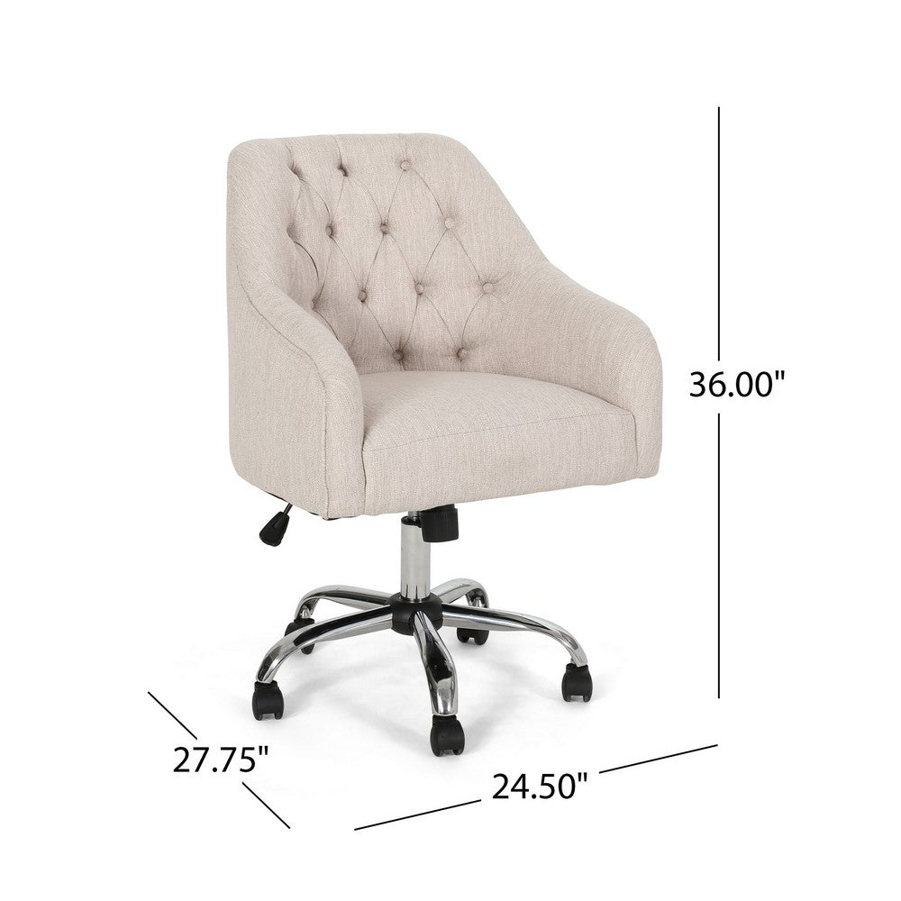 Nysa Swivel Office Chair, Rolling, Tufted Beige Fabric, Chrome Steel