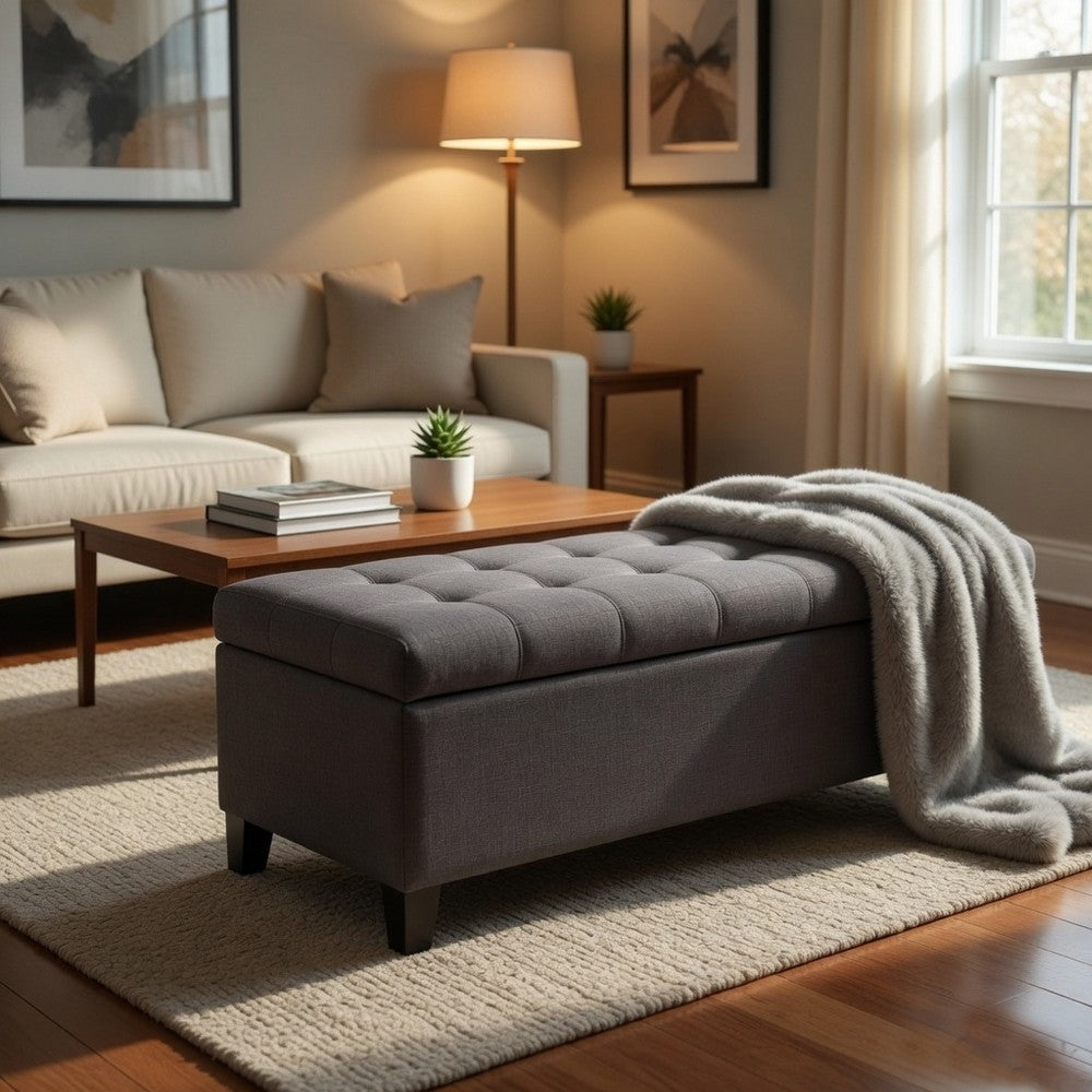 Nira Storage Ottoman Bench, Button Tufted Dark Gray Fabric, 51" Frame